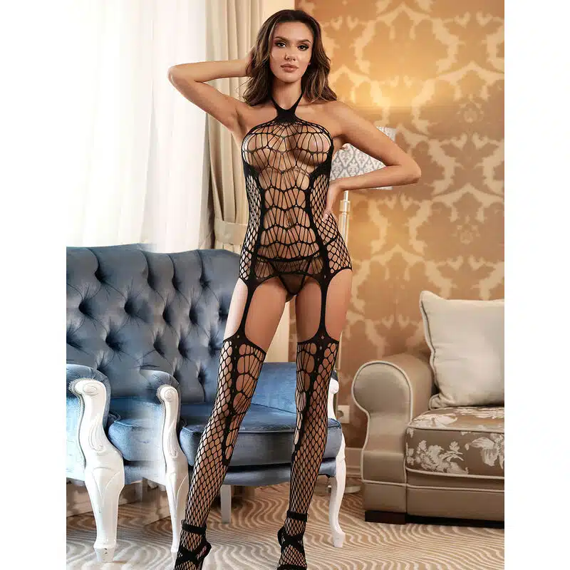 SUBBLIME - 952105 BODYSTOCKING EN RÉSILLE AVEC ENTREJAMBE OUVERTE ET COL LICOU NOIR TAILLE UNIQUE – Image 4