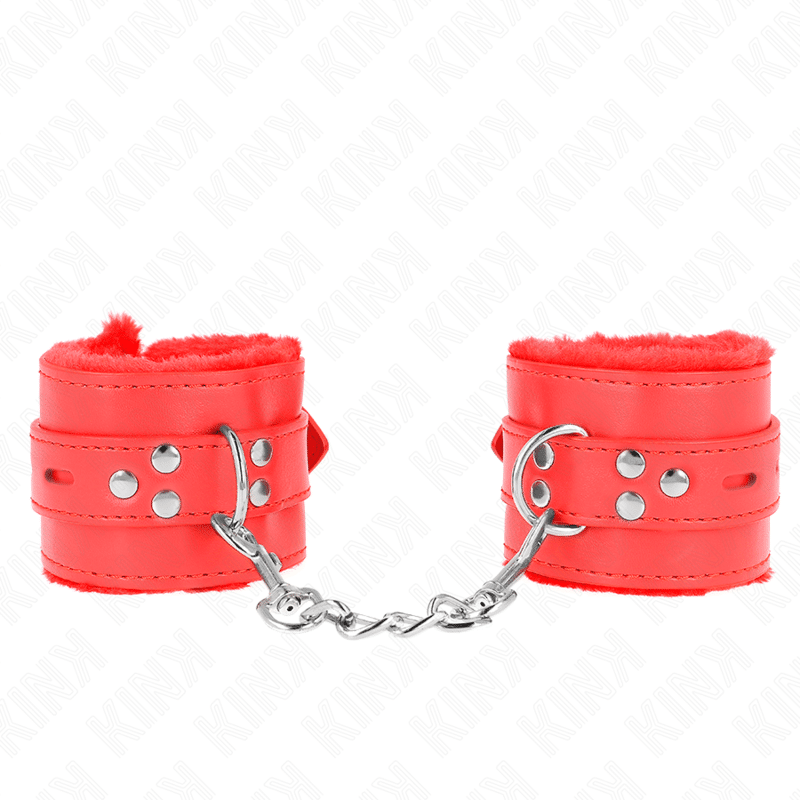 KINK – APPUI-POIGNETS DOUBLÉS DE FOURRURE AVEC TROUS CARRÉS ROUGE ET CEINTURE ROUGE RÉGLABLE 17-29 CM X 6 CM
