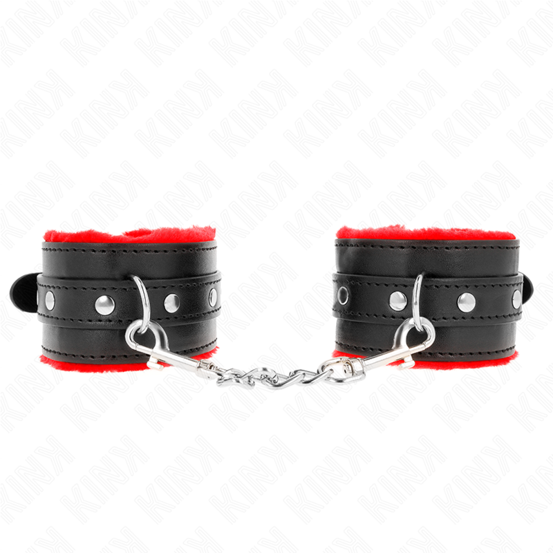 KINK – APPUI-POIGNETS DOUBLÉS DE FOURRURE PREMIUM ROUGE AVEC CEINTURE NOIRE RÉGLABLE 17-29 CM X 6 CM