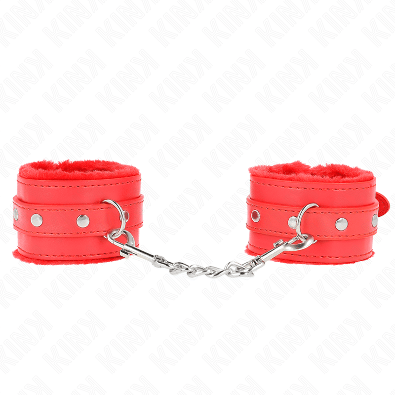 KINK – APPUI-POIGNETS DOUBLÉS DE FOURRURE PREMIUM ROUGE AVEC CEINTURE ROUGE RÉGLABLE 17-29 CM X 6 CM