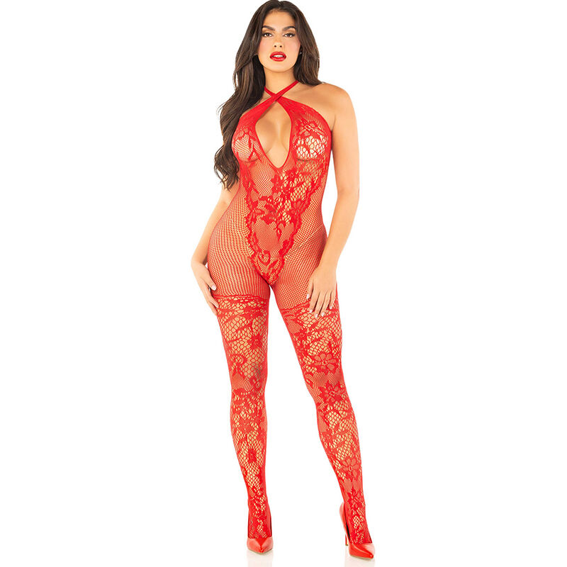 LEG AVENUE – BODYSTOCKING EN MAILLE IMPRIMÉ FLEURI ROUGE TAILLE UNIQUE