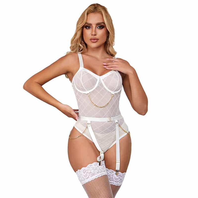 SUBBLIME – 954291 BODY AVEC CHAÎNES + PORTE-JARRETELLES BLANC L/XL