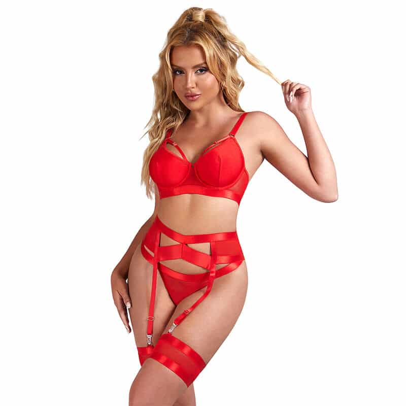 SUBBLIME – 955267 ENSEMBLE SOUTIEN-GORGE BONDAGE ROUGE AVEC JARRETELLE L/XL