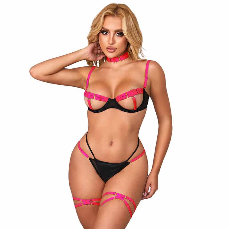 SUBBLIME – 955304 ENSEMBLE SOUTIEN-GORGE AVEC COLLIER ET DÉTAILS DE JAMBES ROSE FLUORESCENT L/XL