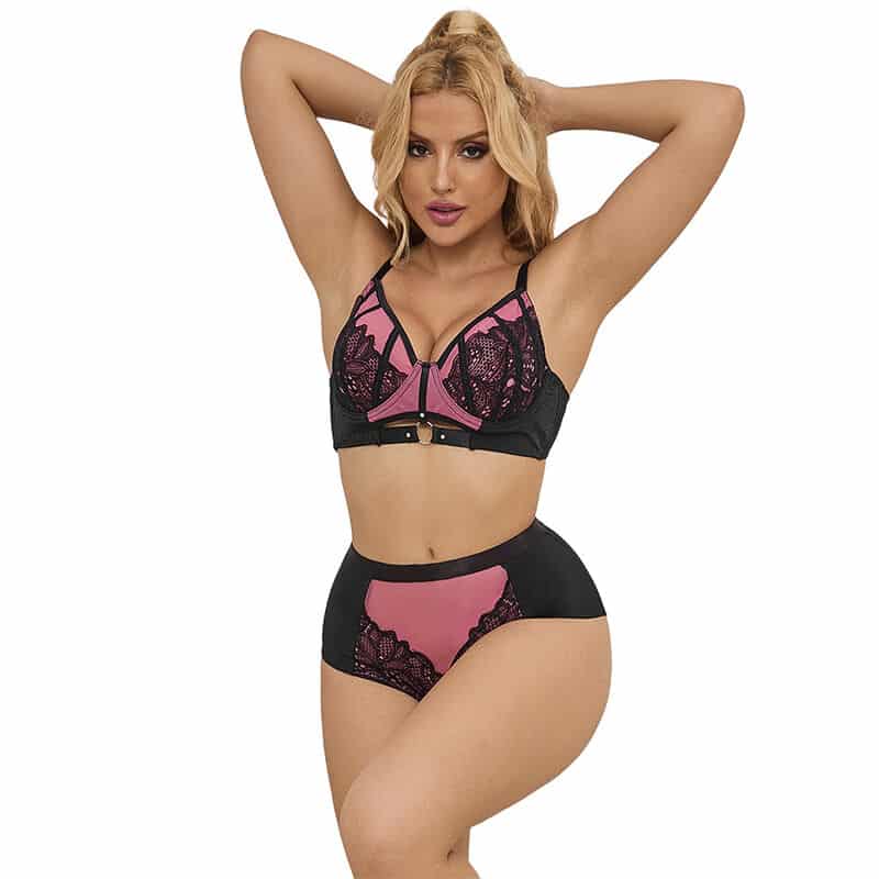 SUBBLIME – 955588 ENSEMBLE SOUTIEN-GORGE EN CUIR VERNI ROSE AVEC FERMETURE ÉCLAIR L/XL