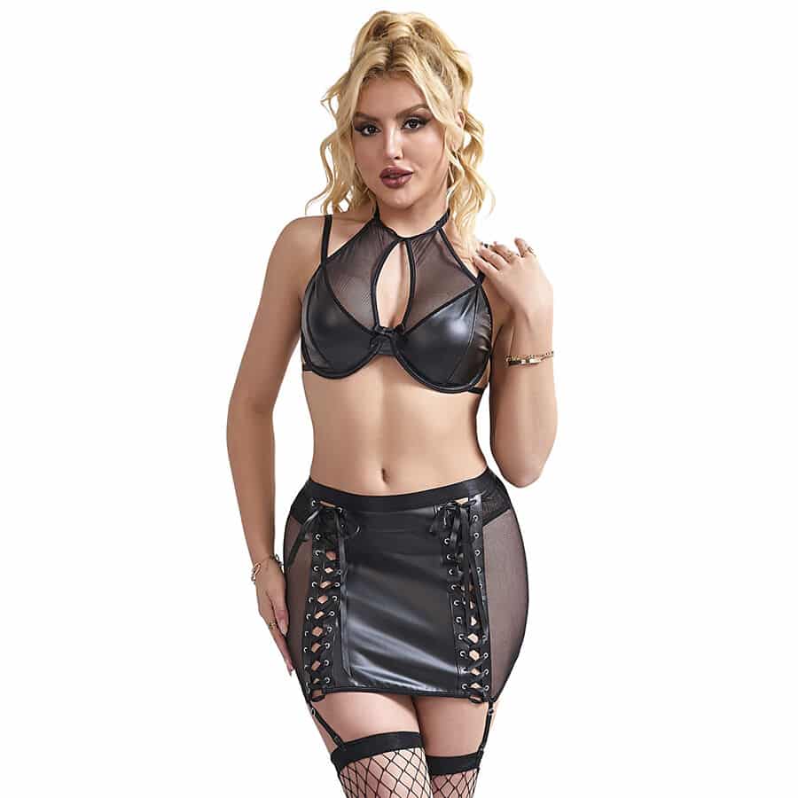 SUBBLIME – 957582 ENSEMBLE SOUTIEN-GORGE ET JUPE EN CUIR NOIR S/M