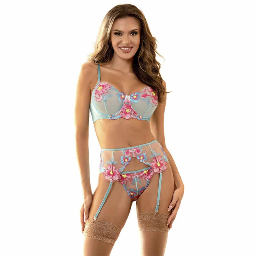 SUBBLIME – 957643 ENSEMBLE SOUTIEN-GORGE ET PORTE-JARRETELLES BRODÉ FLEURS ROSE S/M
