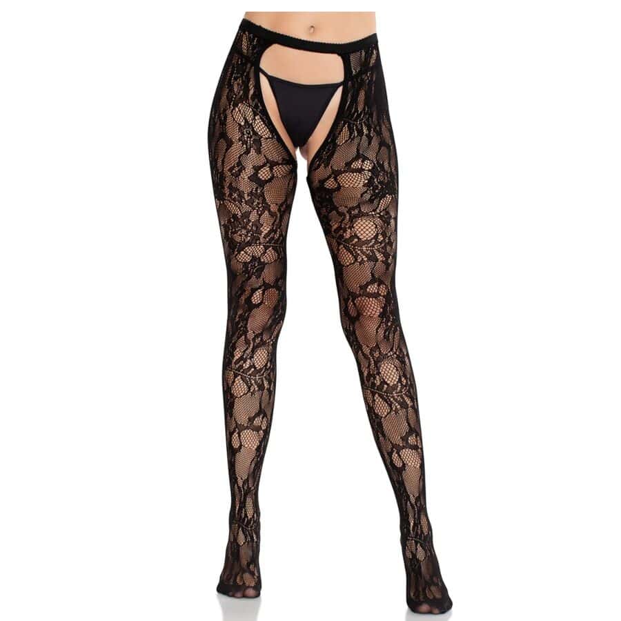 LEG AVENUE – BAS EN DENTELLE ROSE AVEC DOS OUVERT NOIR