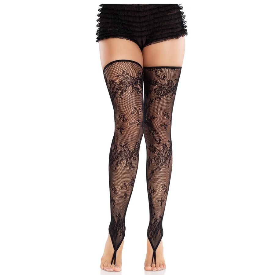 LEG AVENUE – BAS SANS PIEDS EN DENTELLE FLORALE NOIR