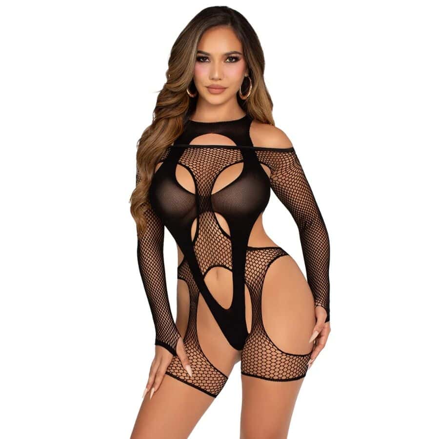 LEG AVENUE – BODYSTOCKING RÉSILLE AVEC PORTE-JARRETELLES ET HARNAIS NOIR