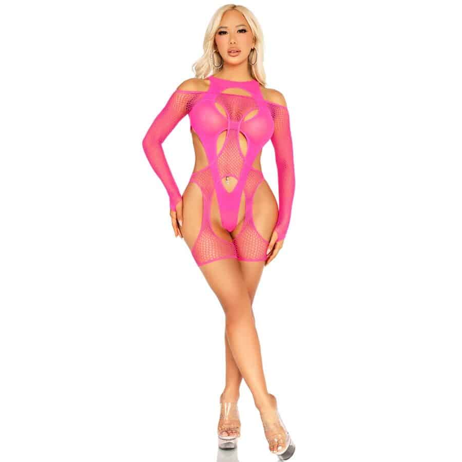 LEG AVENUE – BODYSTOCKING RÉSEILLE AVEC PORTE-JARRETELLES ET HARNAIS ROSE FLUO